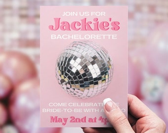 Disco Bachelorette Party Invitation with Itinerary, Template for pink Disco Bachelorette Party, Pink Bachelorette Weekend, Disco Ball,