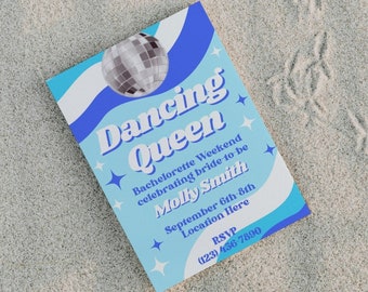 Editable Disco Retro Bachelorette Weekend Invitation And Itinerary, Dancing Queen Groovy Retro 70s Bachelorette Template, Mamma Mia, blue