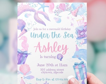 Editable Mermaid Birthday Invitation Under The Sea Birthday Party Mermaid Birthday Party Instant Download Welcome Sign  Thank You Bundle