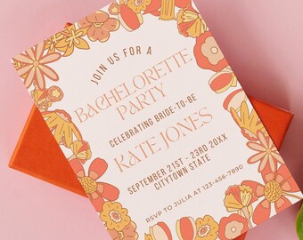 Retro Bachelorette invitation Template, 70's Bachelorette Itinerary, Groovy Bachelorette Invite Instant Bachelorette Weekend Flowers Vintage