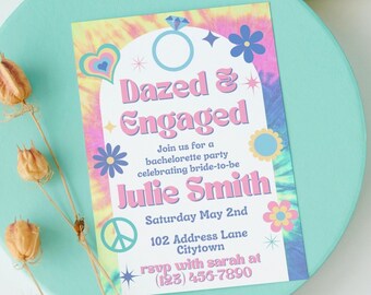 Tie Dye Bachelorette Invitation Template, Dazed and Engaged Bachelorette Invite, Retro Bachelorette Invite & Itinerary Groovy 70's Theme