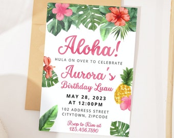 Luau Birthday Invitation Template, Luau First Birthday Invitation, Tropical Birthday Invitation Aloha Birthday Invitation Palm Hawaiian Pool