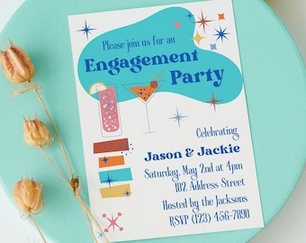 Retro Modern Engagement Party Invitation, 1950s, Mid-Century Modern Engagement Invite, Cocktail Engagement Party Invitations