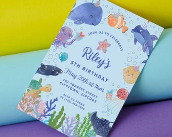 Editable Under the Sea Birthday Party Invitation Whale Turtle Shark Jellyfish Sea Life 1st Birthday Party Instant Download Editable pool