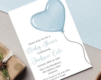 Invito per baby shower ragazzo, Invito per baby shower ragazzo, Invito per baby shower con palloncino blu, Invito per baby shower con palloncino Oh Boy, acquerello