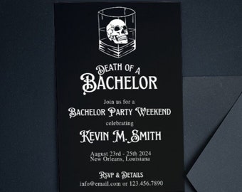 Death Of A Bachelor, Funny Bachelor Party Invitation Template Til Death Do Us Party Noir Bachelor Party Invitation RIP Single Life Itinerary