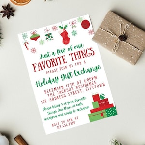 Invitación para fiesta de intercambio de regalos navideños, regalos navideños, artículos favoritos, fiesta de Navidad, descarga instantánea y editable