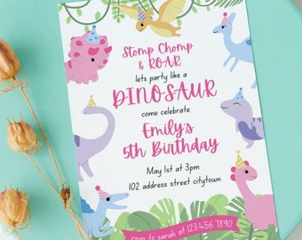 Pink Dinosaur Birthday Invitation Pastel Dinosaur Birthday Invite Dinosaur Safari Girl Dinosaur Dinosaur Invitation Girl Birthday Invitation