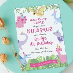 Pink Dinosaur Birthday Invitation Pastel Dinosaur Birthday Invite Dinosaur Safari Girl Dinosaur Dinosaur Invitation Girl Birthday Invitation