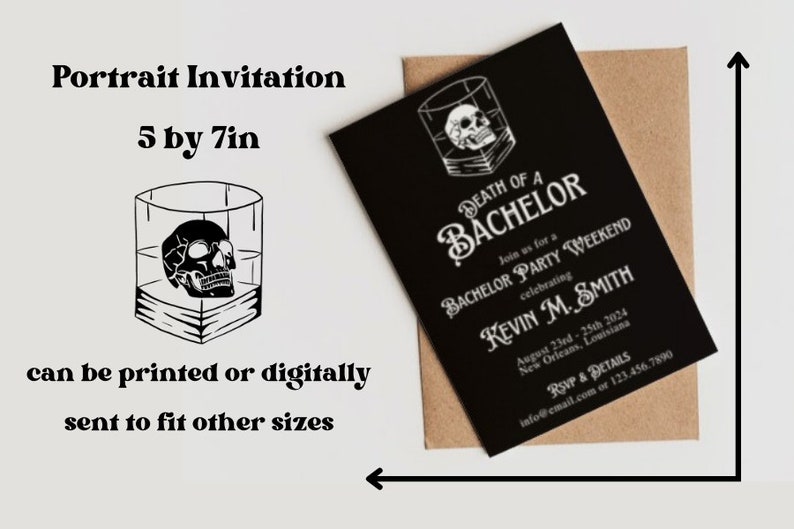 May include: Black invitation card with the text "Death of a Bachelor" and a skull graphic. The invitation is 5 by 7 inches and includes event details. The invitation can be printed or sent digitally.