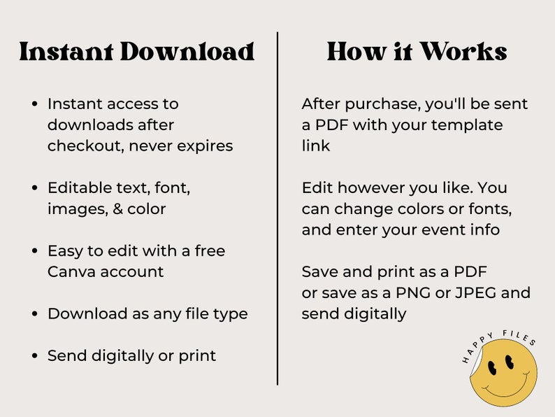 May include: A beige graphic with the text "Instant Download" and "How it Works." The "Instant Download" section lists features like instant access, editable text, and easy editing with Canva. The "How it Works" section explains the process of receiving and editing a PDF template.