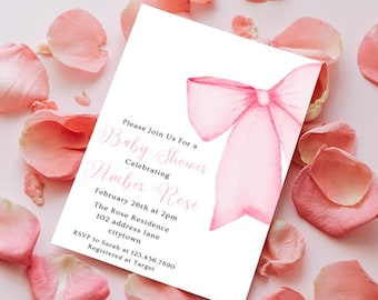 Preppy Pink Bow Baby Shower Invitation, girl baby shower invitations, heirloom bow, pink pastel girl birthday party, Girl Baby Shower Floral