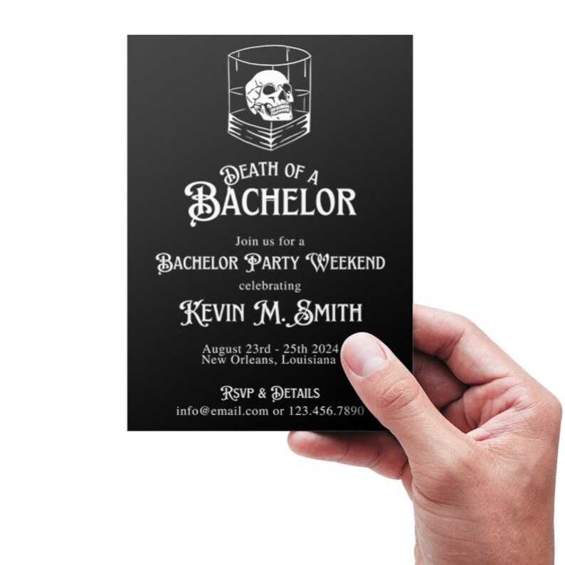 May include: Black invitation card with white text and a skull in a glass design. The card reads "Death of a Bachelor" and invites guests to a bachelor party weekend for Kevin M. Smith in New Orleans, Louisiana.