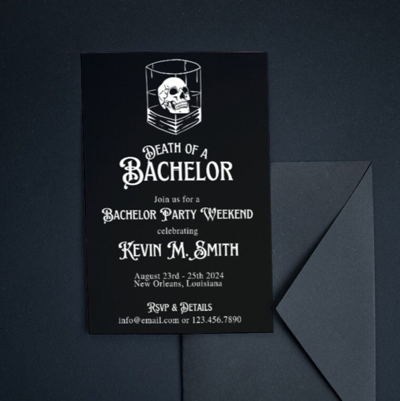 May include: Black invitation card with white text and a skull in a glass design. The text reads "Death of a Bachelor" and details for a bachelor party weekend celebrating Kevin M. Smith.