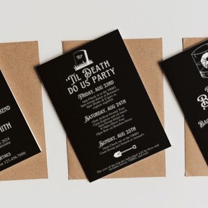 May include: Three black bachelor party invitations with white text and skull graphics, each on a brown envelope. The invitations read "Death of a Bachelor" and "Kevin M. Smith". The middle invitation reads "'Til Death Do Us Party".
