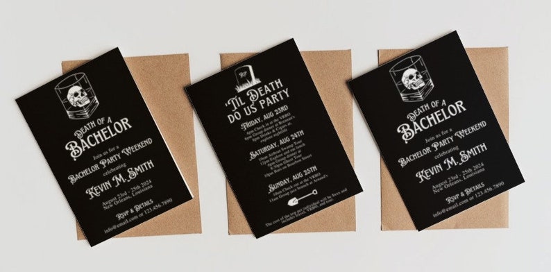 May include: Three black bachelor party invitations with white text and skull graphics, each on a brown envelope. The invitations read "Death of a Bachelor" and "Kevin M. Smith". The middle invitation reads "'Til Death Do Us Party".