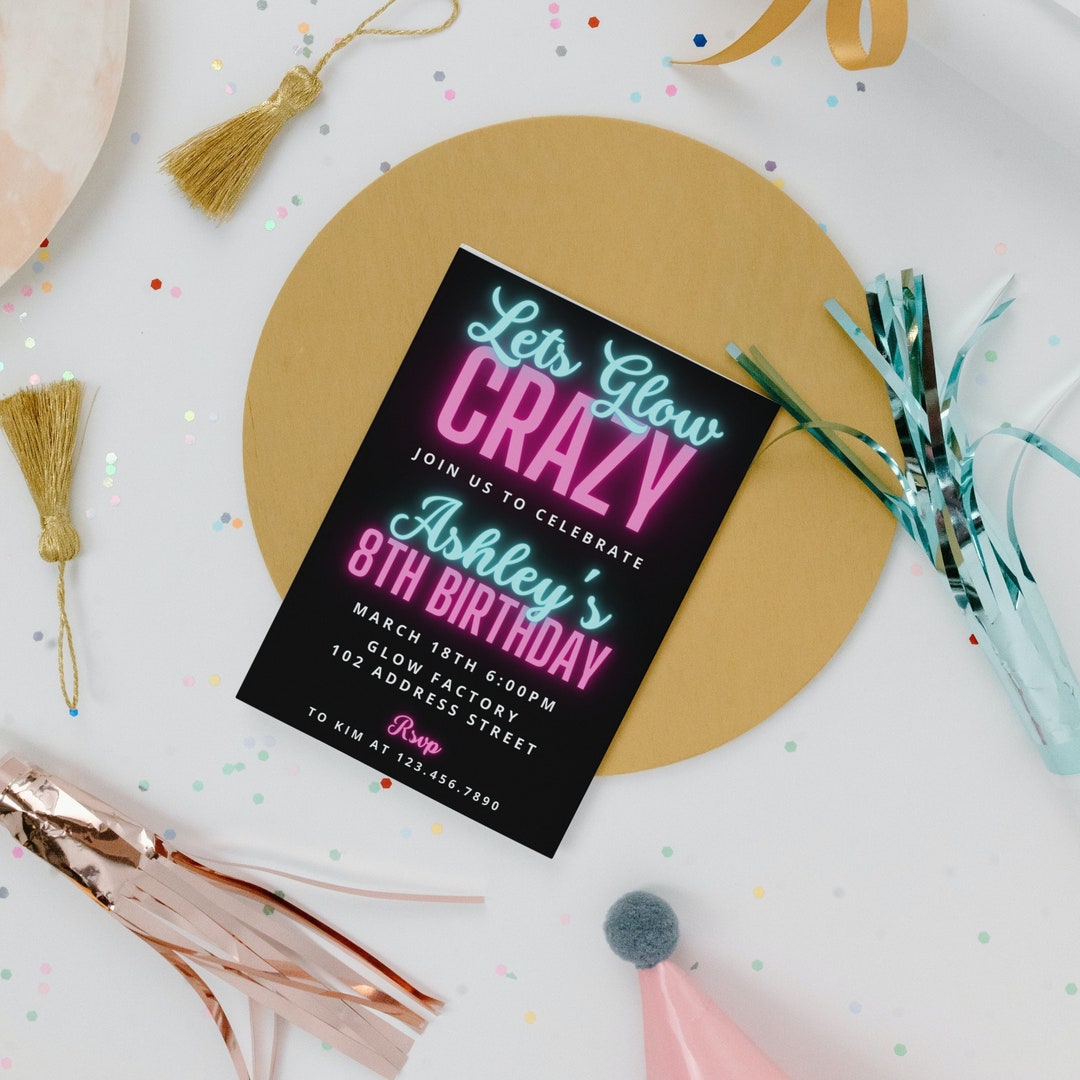Neon Birthday Invitation Template, Glow Party Invitation Download Neon
