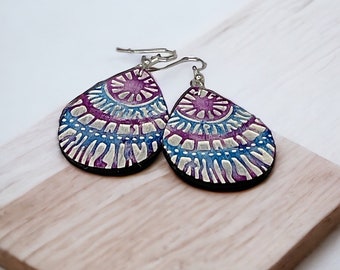 Engraved Boho Wood Earrings Tie-Dye