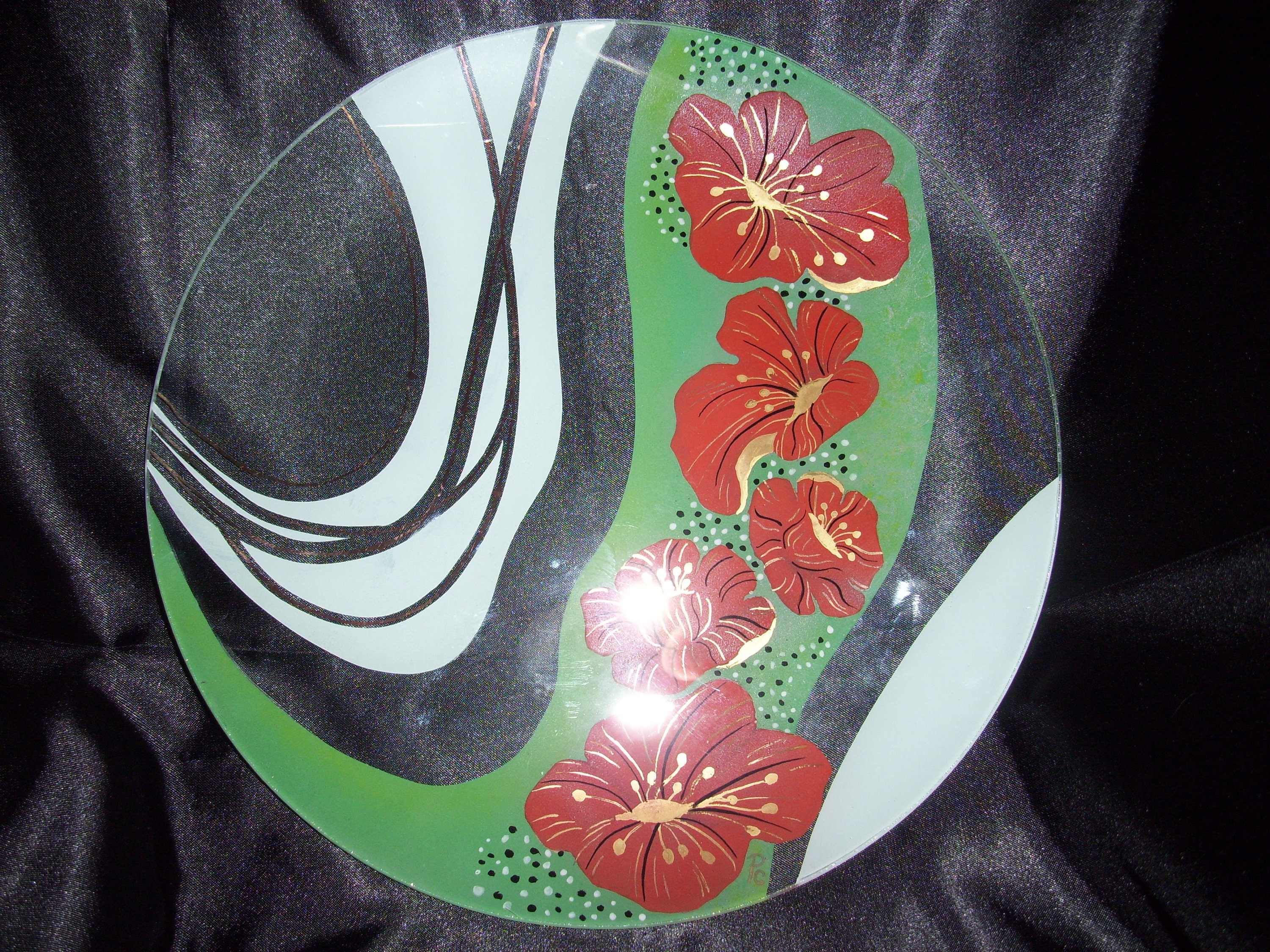 Assiette en Verre Fleurs Rouges Peintes Main