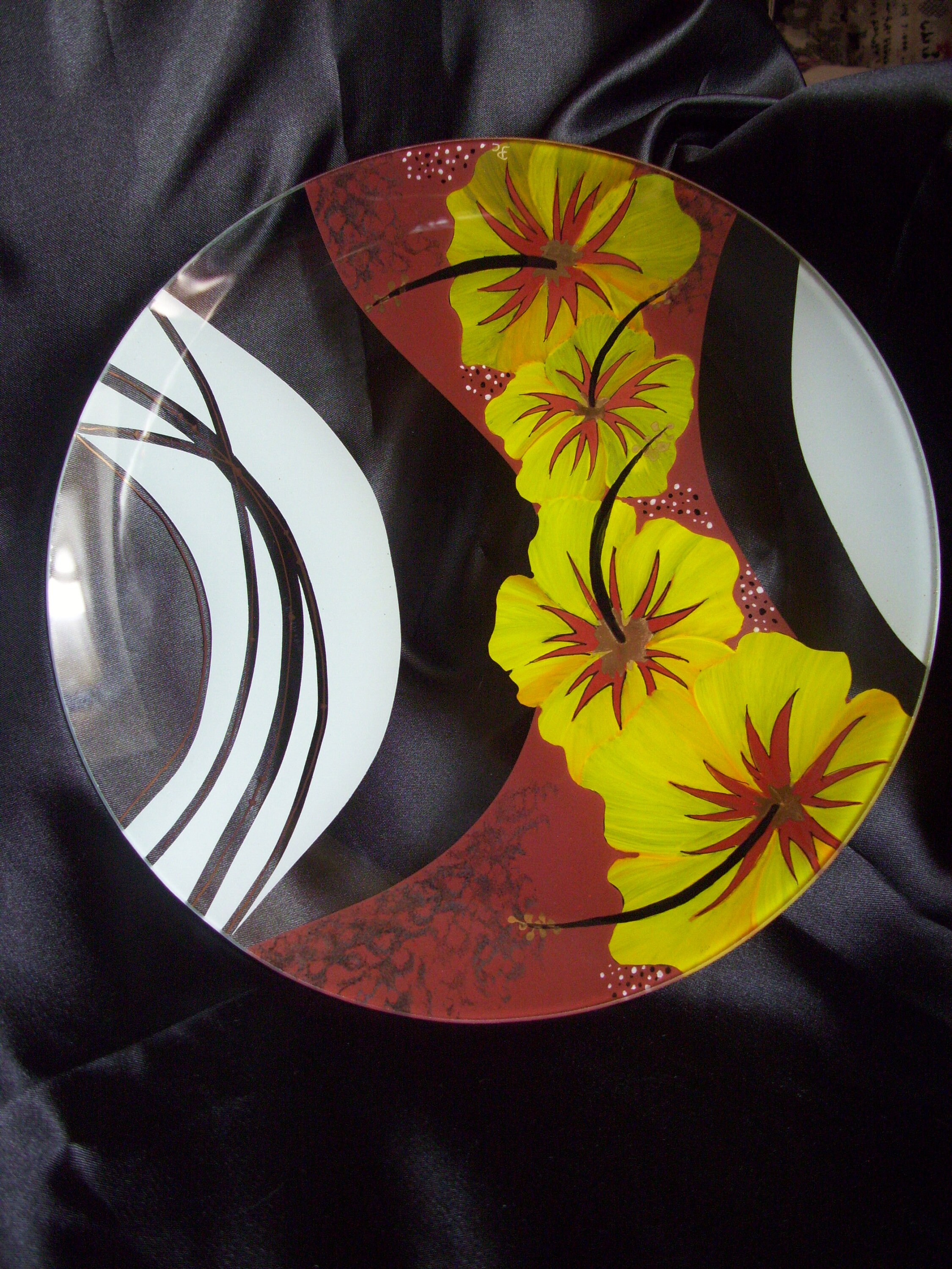 Assiette en Verre , Fleurs Jaunes Peintes Main