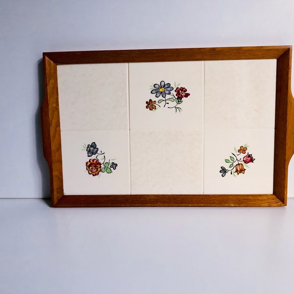 BIROLD tray I wooden tiles blossoms flowers I handmade Germany I serving I vintage