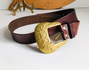 Vintage leather belt I Large brass buckle I Handmade