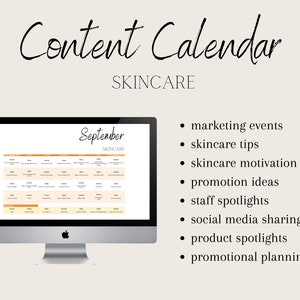 May include: A computer screen displaying a September content calendar for skincare. The calendar is divided into days and includes various content ideas, such as marketing events, skincare tips, and product spotlights.