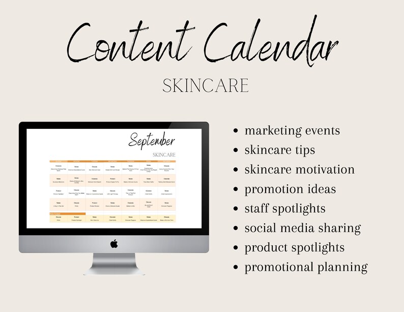 May include: A computer screen displaying a September content calendar for skincare. The calendar is divided into days and includes various content ideas, such as marketing events, skincare tips, and product spotlights.