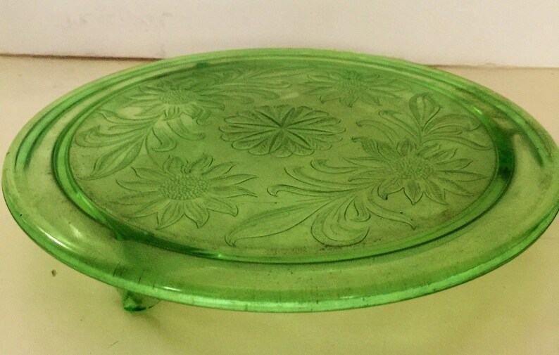 Depression Glass Footed Cake Plate, Green, Sunflower Pattern Etsy