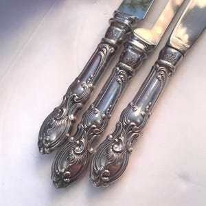 May include: Three ornate silver knives with detailed scrollwork and floral designs on the handles. The blades are smooth and reflective. The knives are arranged diagonally, highlighting their elegant design. The image suggests a focus on fine dining.