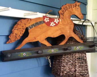 Primitive Artisan Coat Rack, Horse, Stencils, Flowers, Signed