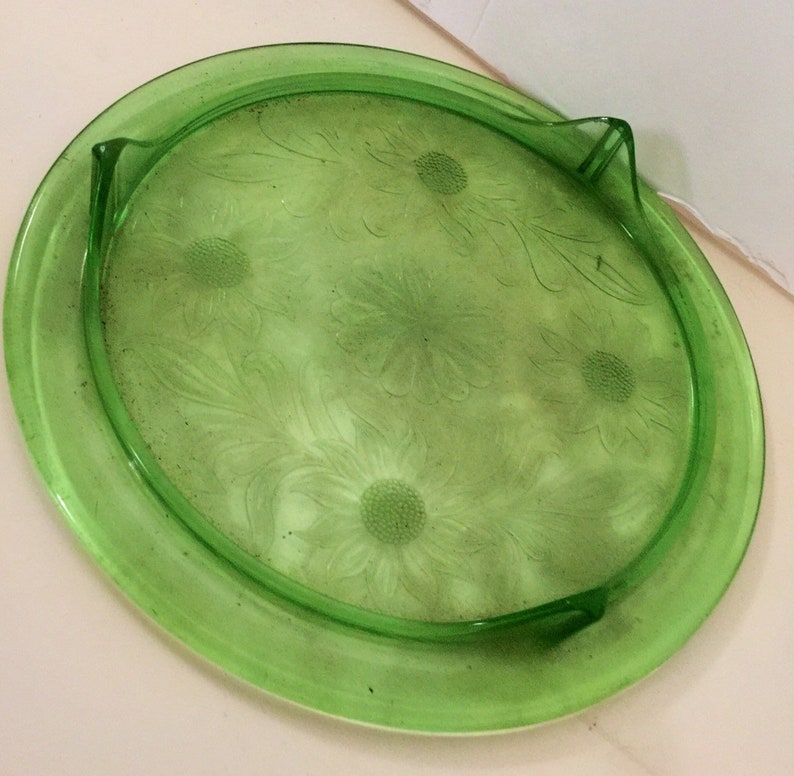 Depression Glass Footed Cake Plate, Green, Sunflower Pattern Etsy
