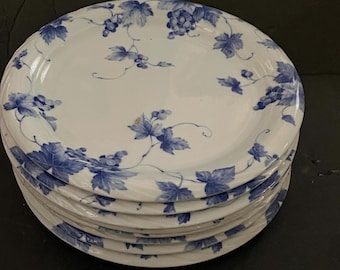 May include: A stack of white ceramic plates featuring a blue grape vine pattern with detailed leaves and clusters of grapes. The plates have a smooth, glossy finish and a slightly raised, scalloped edge design around the circular rim.