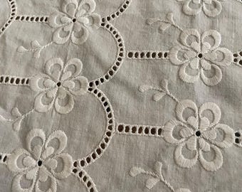 Vintage Tablecloth, French White Eyelet Lace, Embroidered Flowers