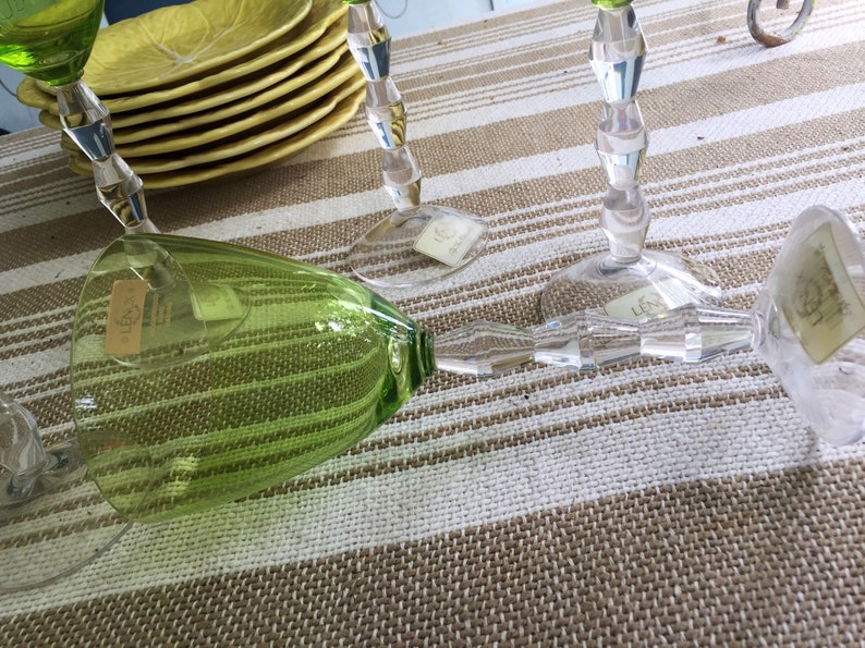 Vintage Austrian Crystal Wine Glasses, Green With Faceted Stems,tall