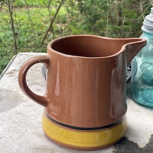 May include: A brown ceramic pitcher with a handle and spout. The base of the pitcher is yellow with a black stripe. The pitcher is sitting on a weathered surface with a blurred background of green foliage.