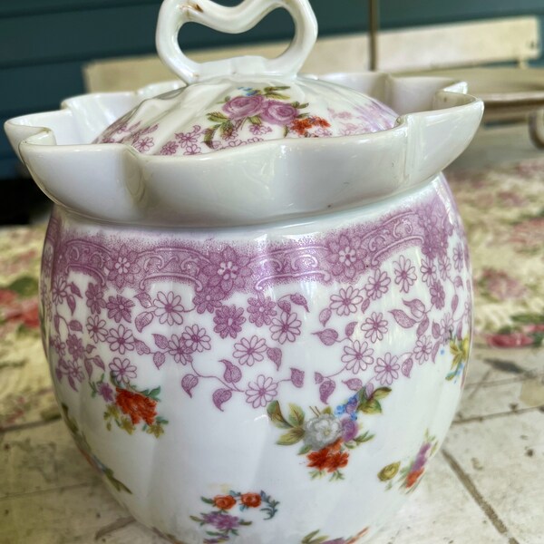 Antique Biscuit Jar, Porcelain, Lavender Flowers, Fluted, Austria