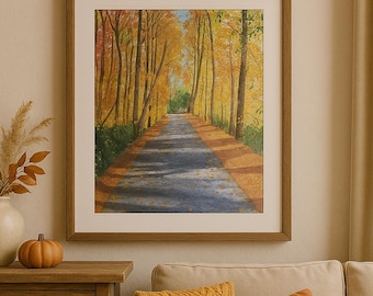 Autumn Road Watercolor – Fall Landscape Art Print, Original Painting, Cozy Harvest Wall Decor