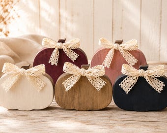 Mulberry Manor Handmade Wood Pumpkin Decor | Cottagecore Farmhouse Shelf Sitter, Neutral Autumn Set