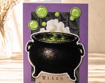 Handmade Witch Crockpot Halloween Card, Spooky Cauldron Potion Greeting, Witchy Season Gift