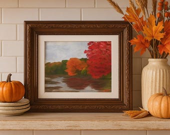 Fall Lake Reflection Art Print: Cottagecore Autumn Landscape