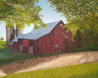 Barn, original painting, oil painting, large painting, rustic, farm, landscape, nature, country, print, red, green, blue, yellow, sky, print