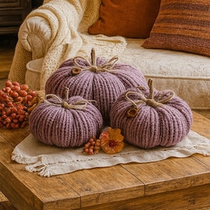 Handmade Plum Knit Pumpkin: Cottagecore Fall Decor with Twig Stem