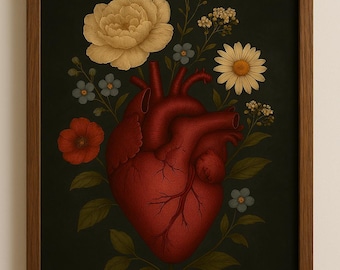 Anatomical Heart Floral Print: Moody Vintage Art (Digital Download)