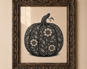 Floral Pumpkin Wall Art, Vintage Botanical Print, Cottagecore Fall Decor (Digital Download)