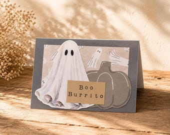 Funny Boo Burrito Halloween Card, Cozy Spooky Ghost Greeting, Blank Inside