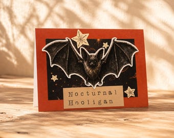 Funny Bat Halloween Card, Nocturnal Hooligan Greeting Card, Spooky Bat Card, Goth Halloween Gift, Funny Spooky Season Card