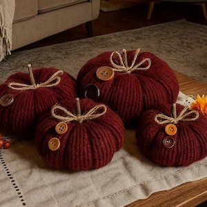 Hand Knit Yarn Pumpkin: Burgundy Fall Decor with Twig Stem