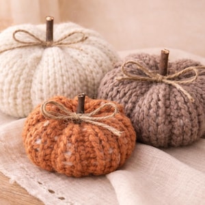 May include: Three knitted pumpkins in cream, brown, and orange hues. Each pumpkin has a twig stem and a twine bow. The pumpkins are arranged on a beige fabric, creating a cozy autumn theme.