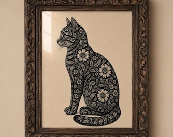 Floral Tabby Cat Art Print, Vintage Botanical Illustration, Moody Cottagecore Decor (Digital Download)